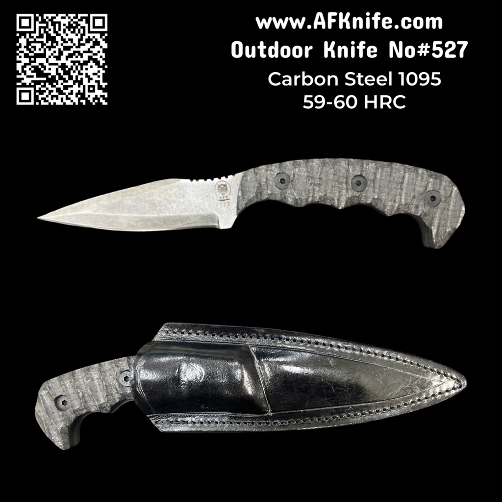 Fixed Blade Carbon Steel 1095 ( StoneWash ) + Micarta Handle + Leather Sheath + 58-60 HRC - Skinner Style No: FB-527