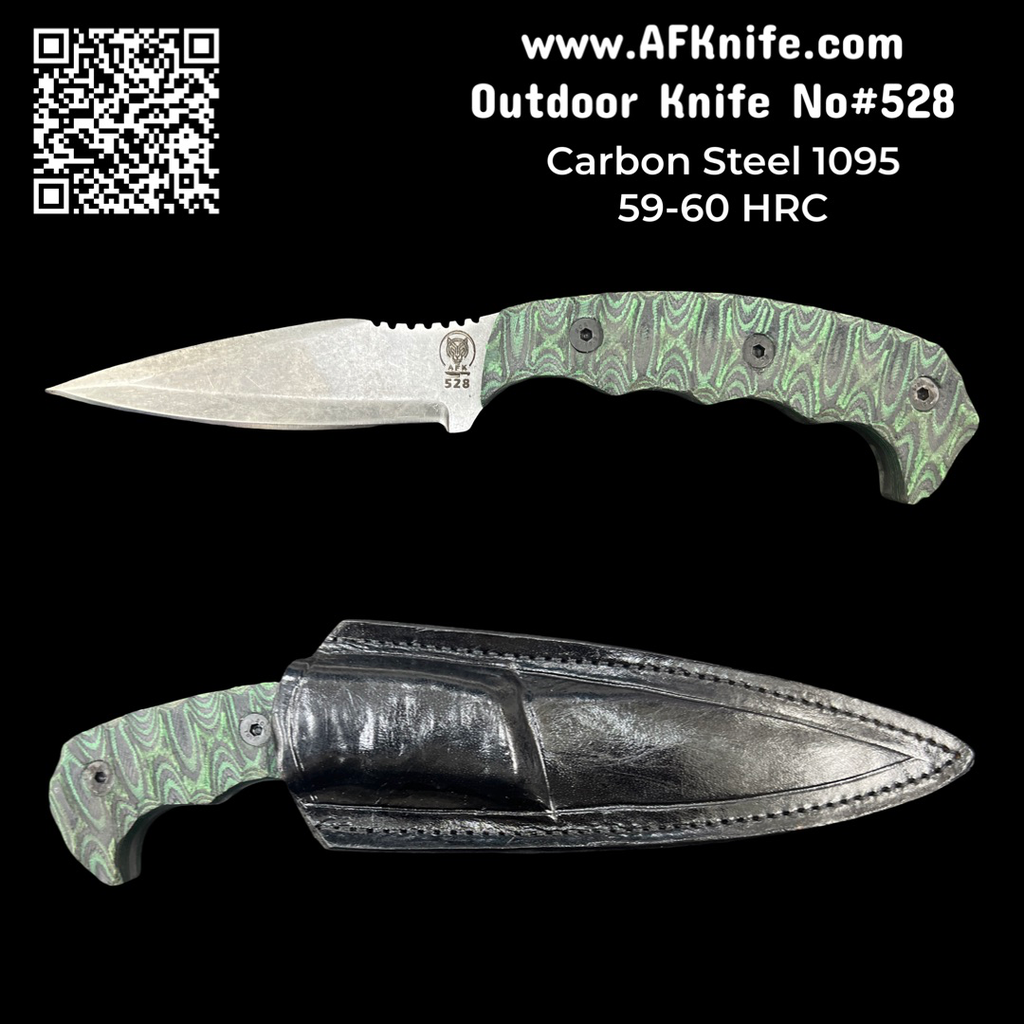 [528] Fixed Blade Skinner Knife Carbon Steel 1095 ( StoneWash ) G10 Handle & Leather Sheath No: 528