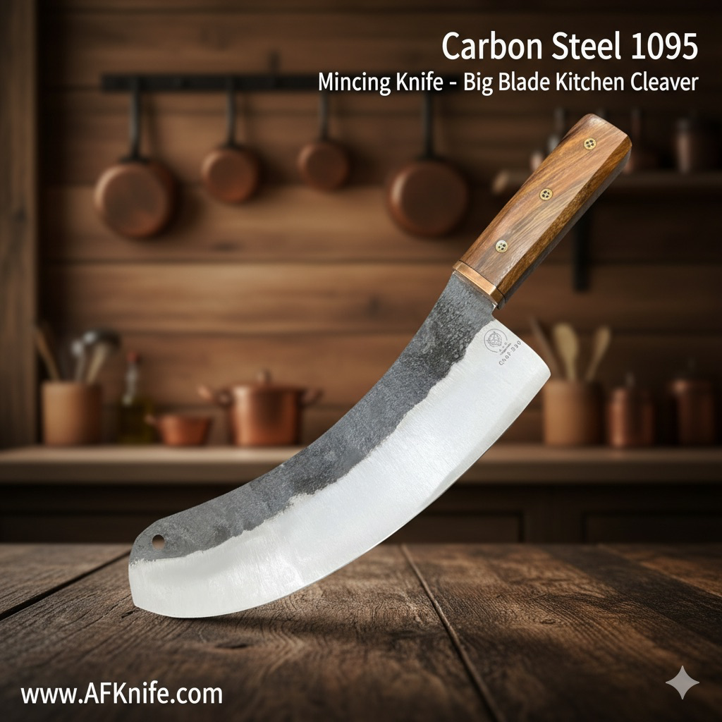 Chef's (kitchen) Cleaver Knife - Carbon Steel 1095 + Rose Wood & Copper Handle + Leather Sheath + 59-60 HRC -  Big Blade Kitchen Cleaver ( Mincing Style ) No: Chef-049 ( 530 )