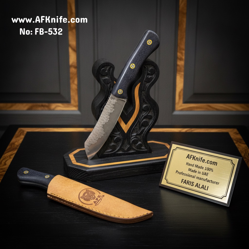 [FB-532] Fixed Blad Sport Chief Fixed Knife - Damascus 1095 San Mai ( LADDER PATTERN ) - Micarta Handle + Leather Sheath ( Sheepsfoot Blade ) No: FB-532