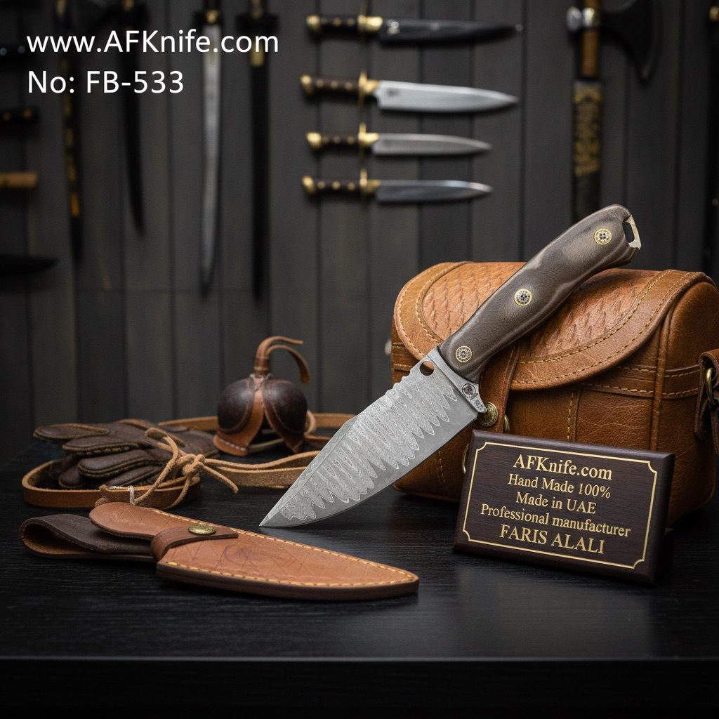 [FB-533] Fixed Blad Knife, Damascus 1095 San Mai ( LADDER PATTERN ), G10 Handle, Leather Sheath, Clip Point Style,  No: FB-533