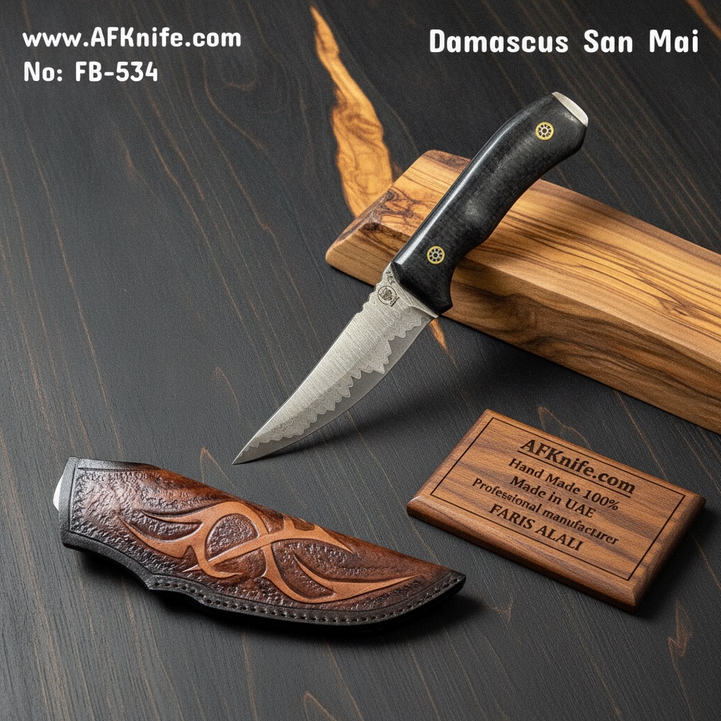 Fixed Blad Knife, Damascus San Mai ( LADDER PATTERN ), Micarta Handle, 58-59 HRC, Leather Sheath, ( Trailing Point Style ) No: FB-534