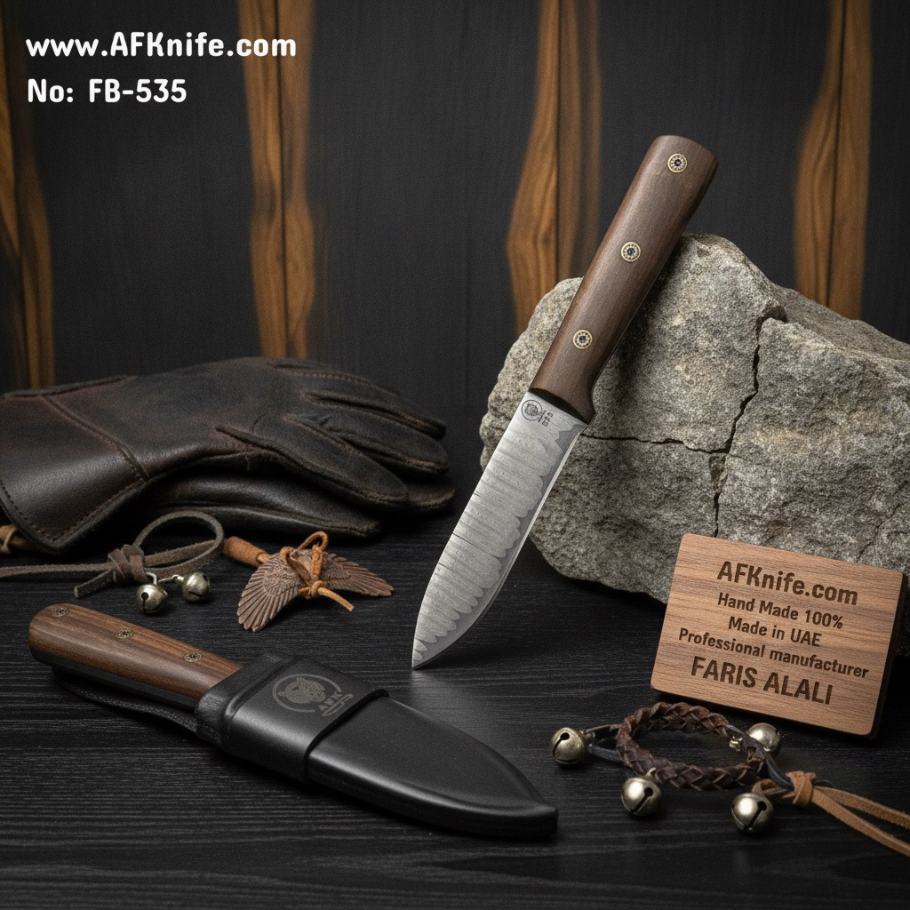 [FB-535] Fixed Blad Bushcraft Campero Knife, Damascus 1095 San Mai, ( LADDER PATTERN ), Walnut wood Handle, Leather Sheath ( Drop Point ) No: FB-535