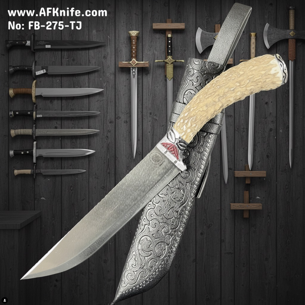 Fixed Blade Titanium Steel + Deer Horn w/ Guard & Steel Handle + Leather Sheath + 59-61 HRC - Straight Back Style No: FB-275-TJ