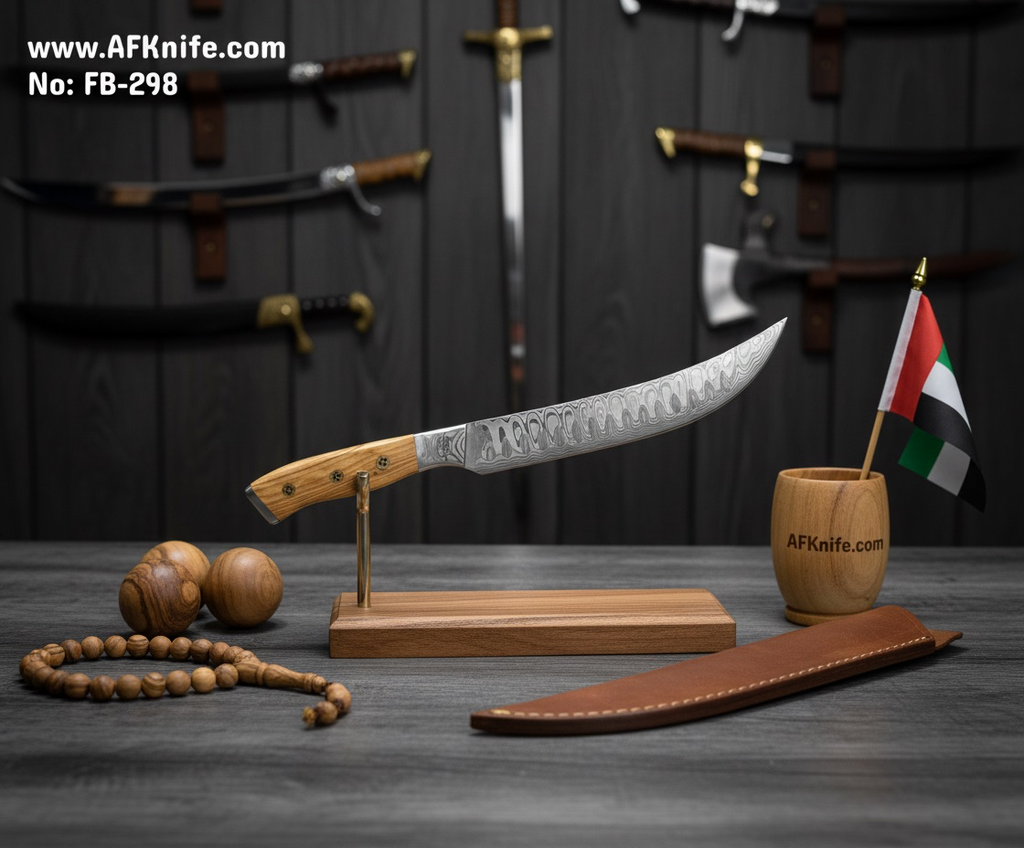 [298] سكين من معدن ( دمشقي في جي ١٠ ) ومقبض ( خشب الزيتون) وغمد ( جلد ) رقم ٢٩٨