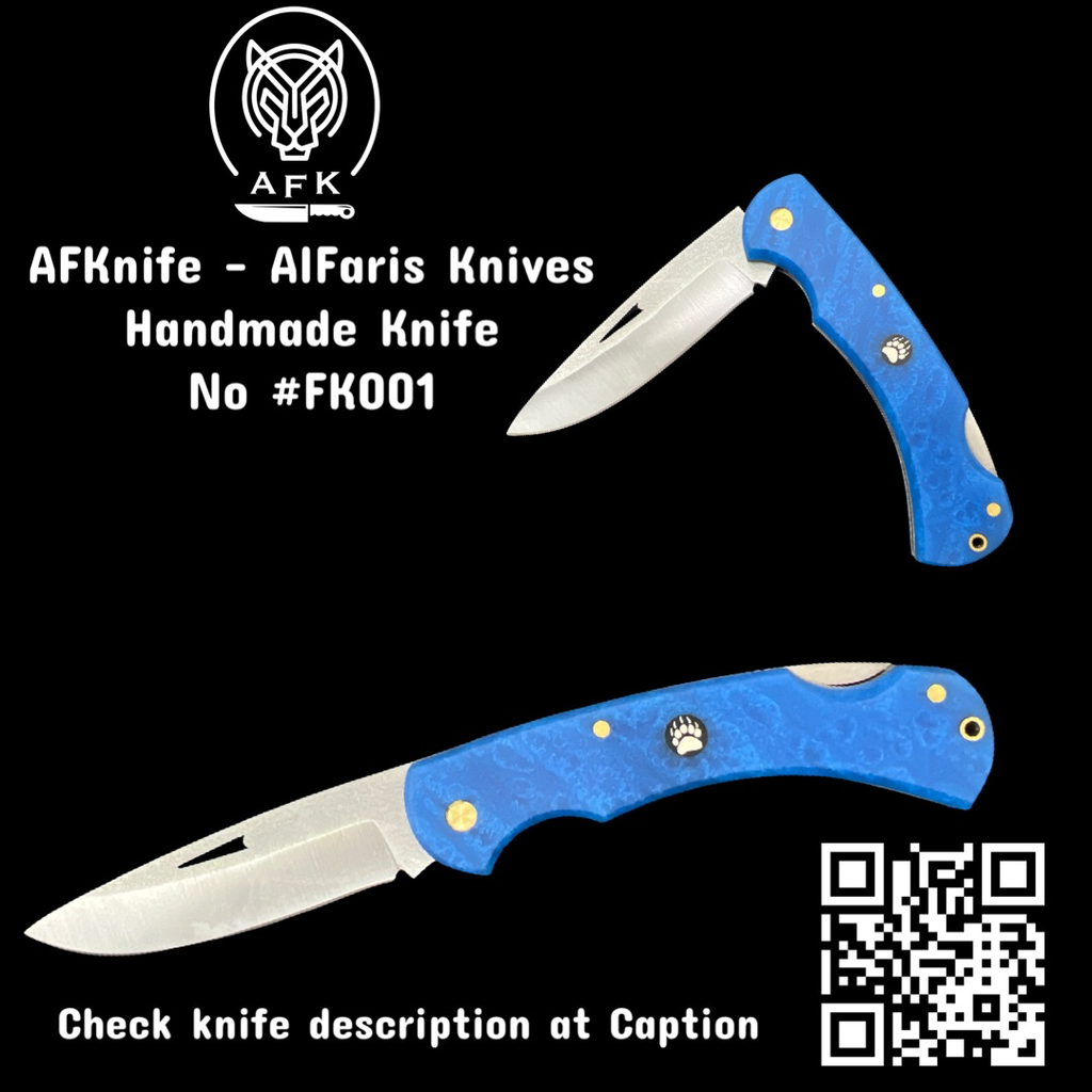 Folding Knife 1.4116 German Stainless Steel + Epoxy Blue Handle - Drop Point Style - 58-59 HRC No:FK001-1
