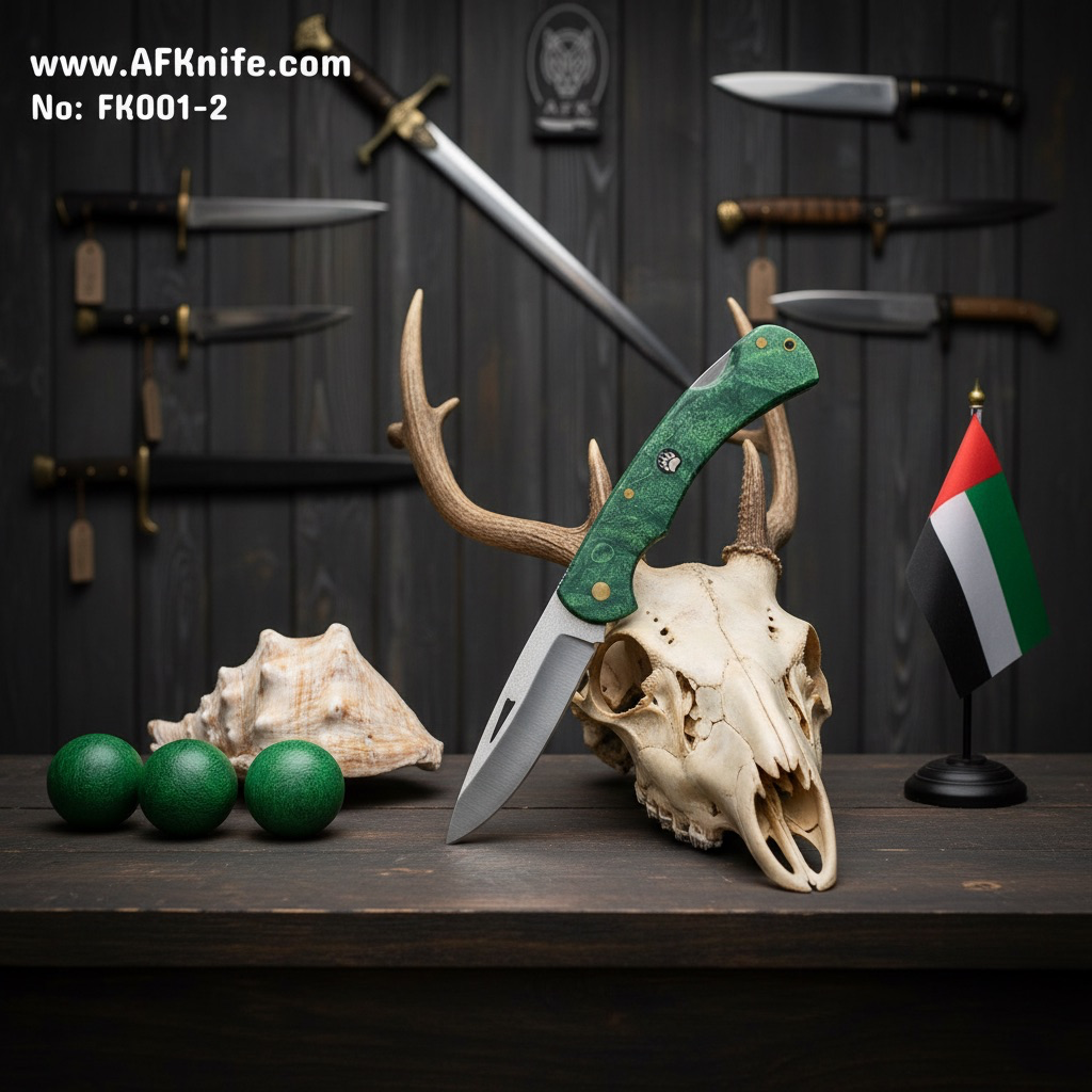 [FK001-2] Folding Knife 1.4116 German Stainless Steel + Epoxy Green Handle - Drop Point Style - 58-59 HRC No: FK001-2