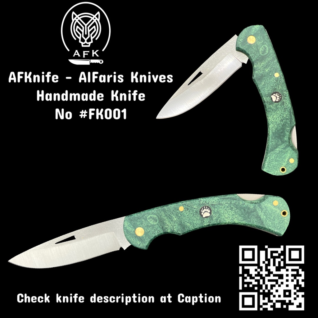 [FK001-2] Folding Knife 1.4116 German Stainless Steel + Epoxy Green Handle - Drop Point Style - 58-59 HRC No: FK001-2