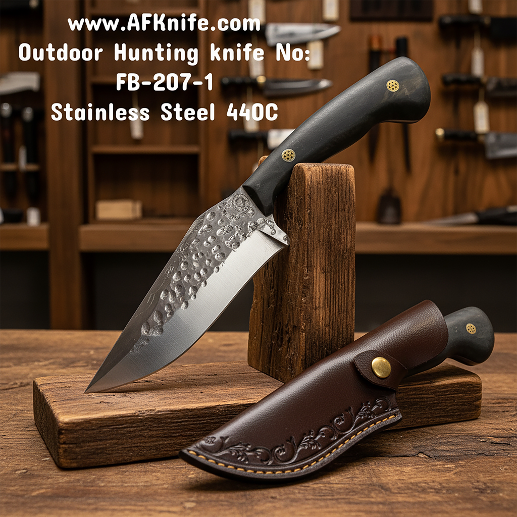 Fixed Blad Stainless Steel 440C + Epoxy Black Handle + 58-60 HRC + Leather Sheath - ( Skinner Style ) No: FB-207-1