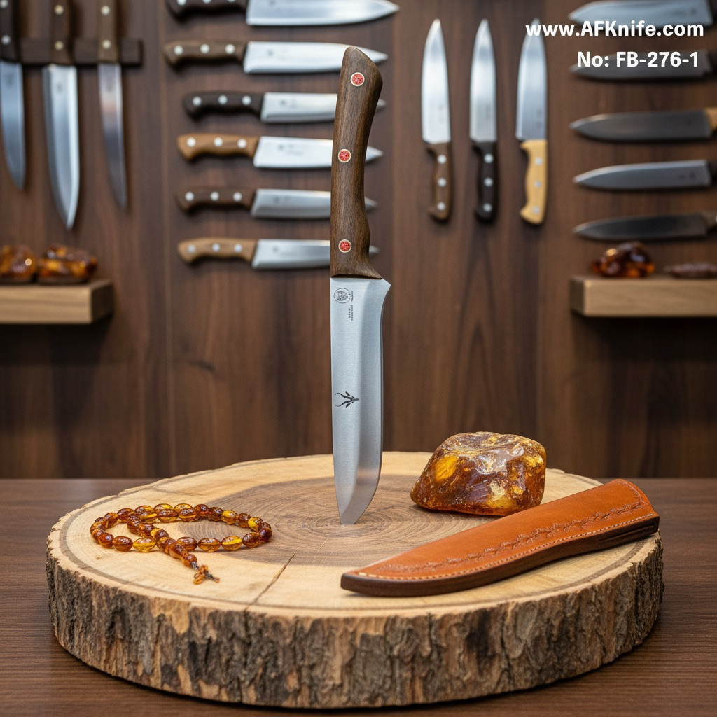 [FB-276-1] Fixed Blad High-Carbon Steel W/ a Titanium Nitride Coating  + Stabilized Wood ( Brown ) + 58-59 HRC + Leather Sheath - ( Straight Back Style )  No: FB-276-1
