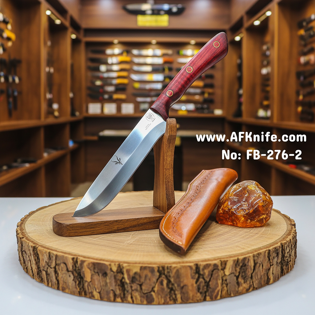 [FB-276-2] Fixed Blad High-Carbon Steel W/ a Titanium Nitride Coating  + Stabilized Wood ( RED ) + 58-59 HRC + Leather Sheath - ( Straight Back Style )  No: FB-276-2