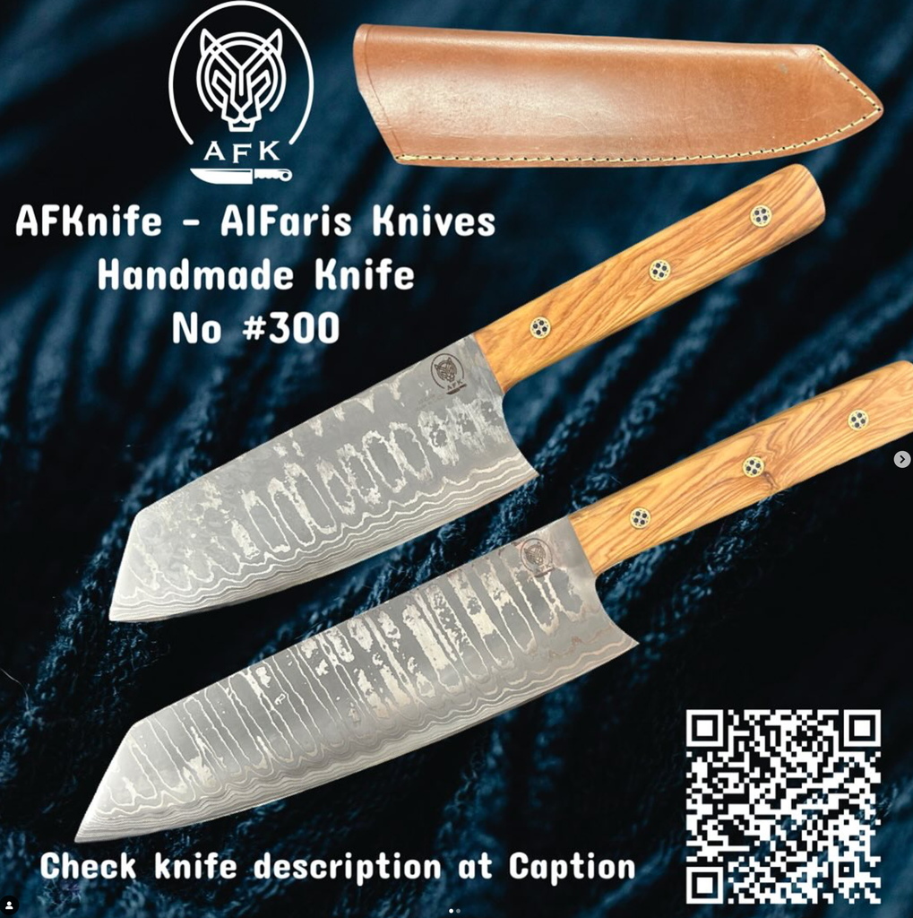 [Knife #300-31CM] سكين الشيف والمطبخ ( بونكا ) - معدن ( دمشقي في جي ١٠ ) مقبض ( خشب الزيتون ) غمد ( جلد ) رقم ٣٠٠ (31 CM)