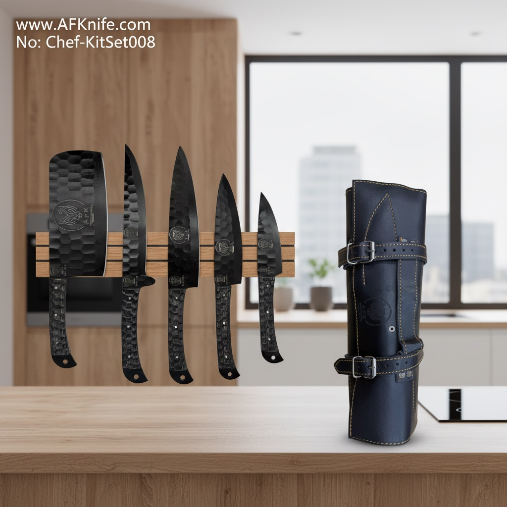 [Chef-KitSet008] Chef's (kitchen) Set of 6 Pcs - Carbon Steel 1088 w/ Black Powder Coating + Dollar Wood Handle + Leather Sheath + 59-60 HRC No: Chef-KitSet008