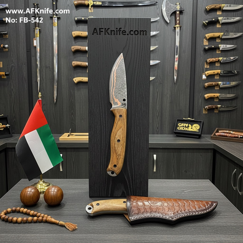 [FB-542] Fixed Blad Knife, Copper Damascus 1095, Paka Wood Handle, Leather Sheath, 56-58 HRC, Drop Point Style No: FB-542