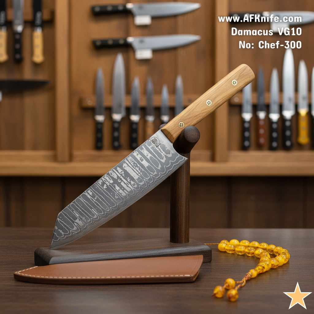 Chef's (kitchen) Damascus VG10 + Olive Wood Handle + Leather Sheath + 58-60 HRC - ( Bunka Style ) No: Chef-300