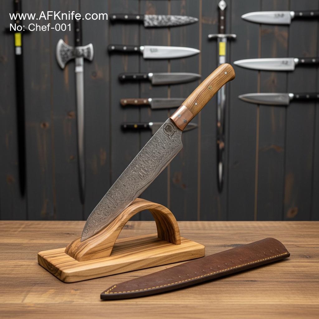 [Chef-001] Chef's (kitchen) Damascus Steel VG10, Olive Wood w/ Copper Handle, 57-59 HRC, Leather Sheath ( Chef's Style ) No: Chef-001