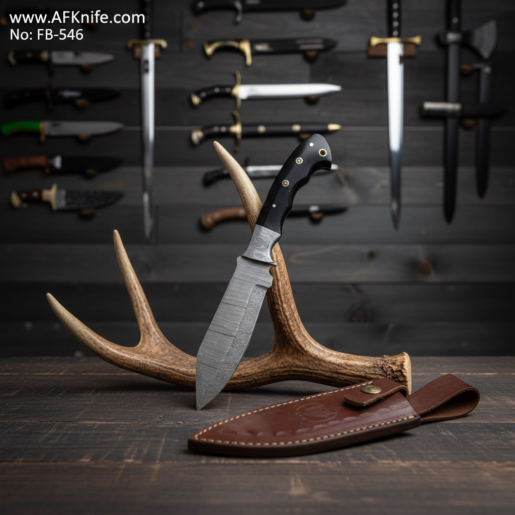Fixed Blad Knife - Damascus Steel 1095, G10 w/ Damascus Guard Handle, 57-58 HRC, Leather Sheath ( MODIFIED Style ) No: FB-546