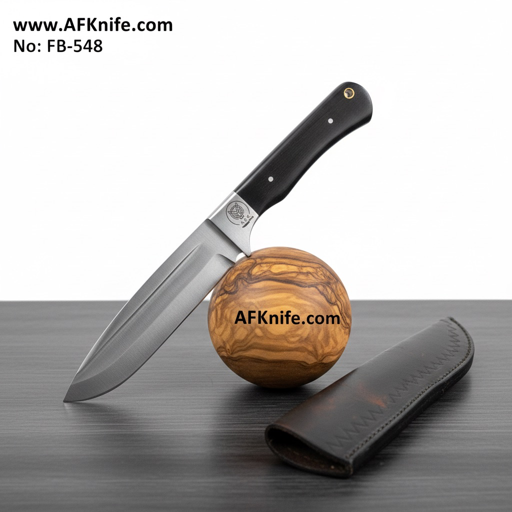 Fixed Blade Full-Tang knife - VG10 Stainless Steel, Buffalo Horn w/ Steel Guard Handle, 57-58 HRC, Leather Sheath ( Drop Point Style ) No: FB-548