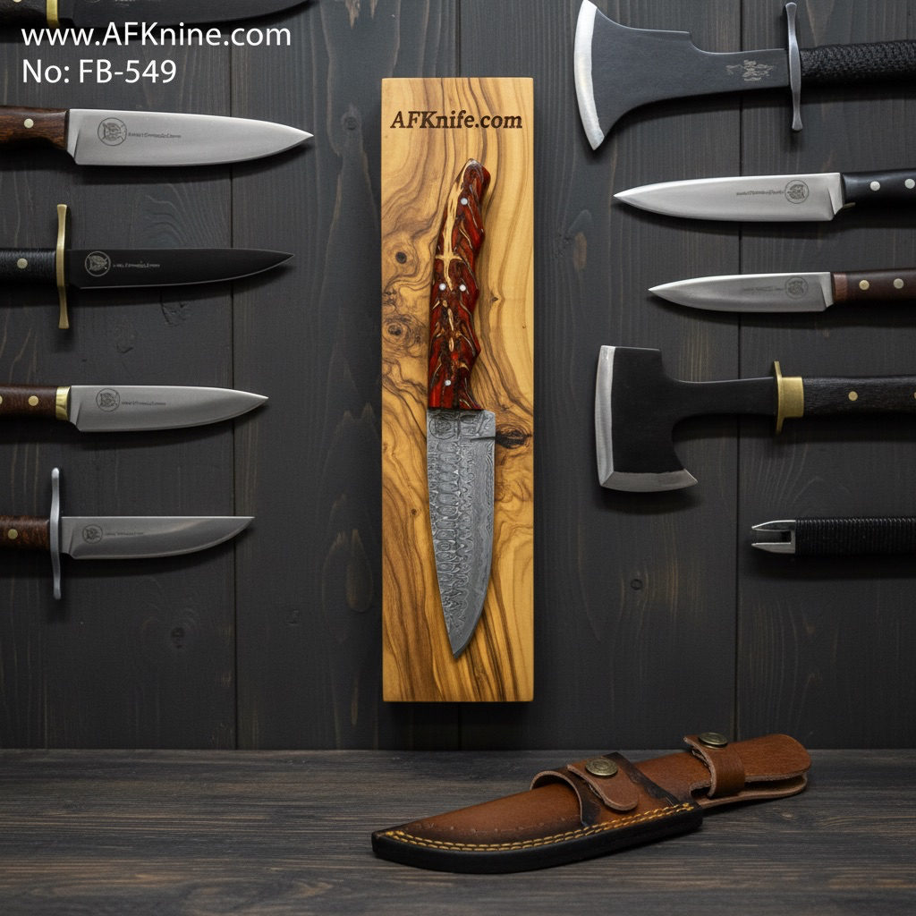 سكين ثابتة النصل - فولاذ دمشقي 1095 (نمط قطرات المطر)، مقبض من الايبوكسي، صلابة 57-58 اج ار سي، غمد جلدي رقم: FB-549
