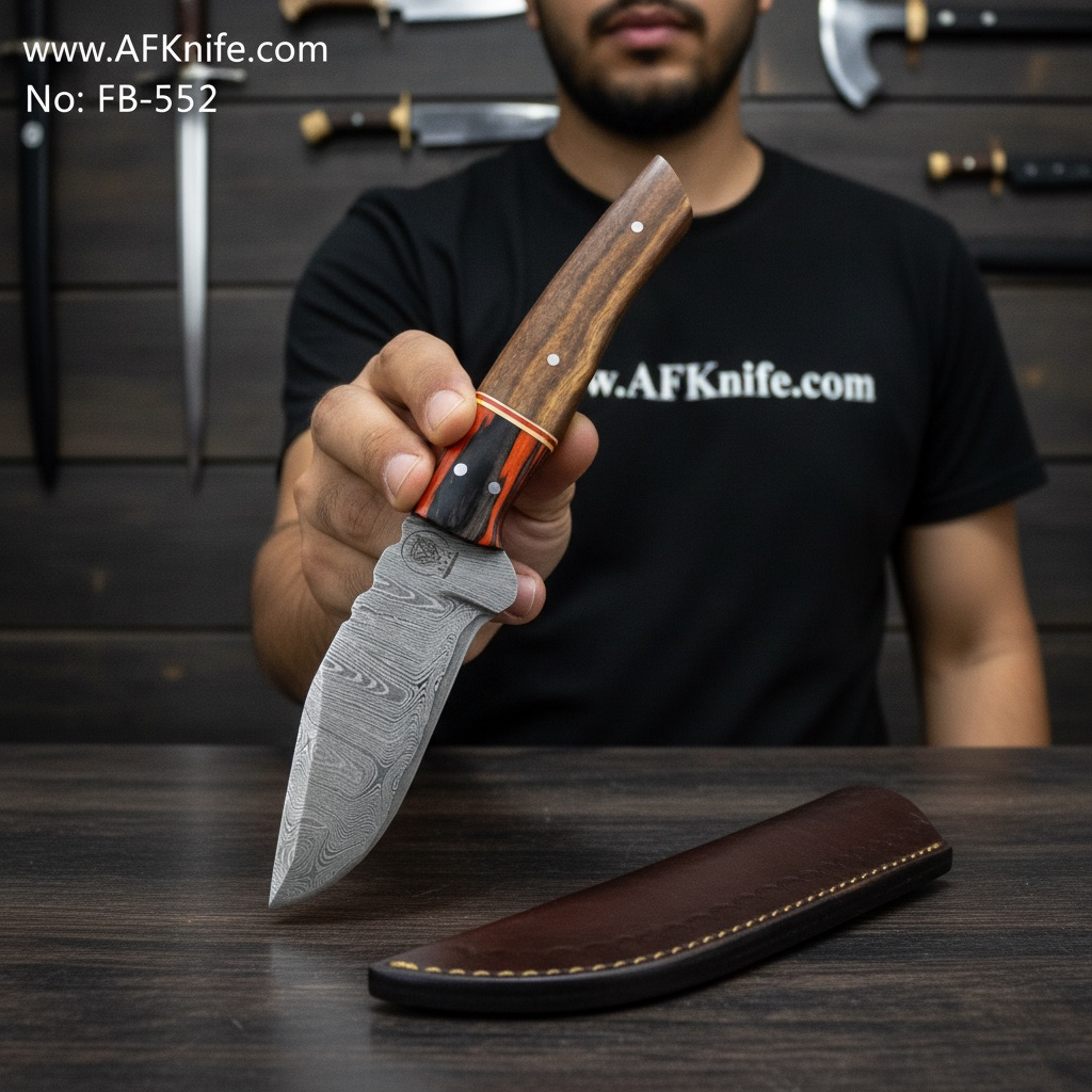 [FB-552] Fixed Blad - Damascus Steel 1095 ( Fire Pattern ), Rose Wood & Dollar Sheet Wood  Handle, 58-59 HRC, Leather Sheath ( Clip Point Style ) No: FB-552