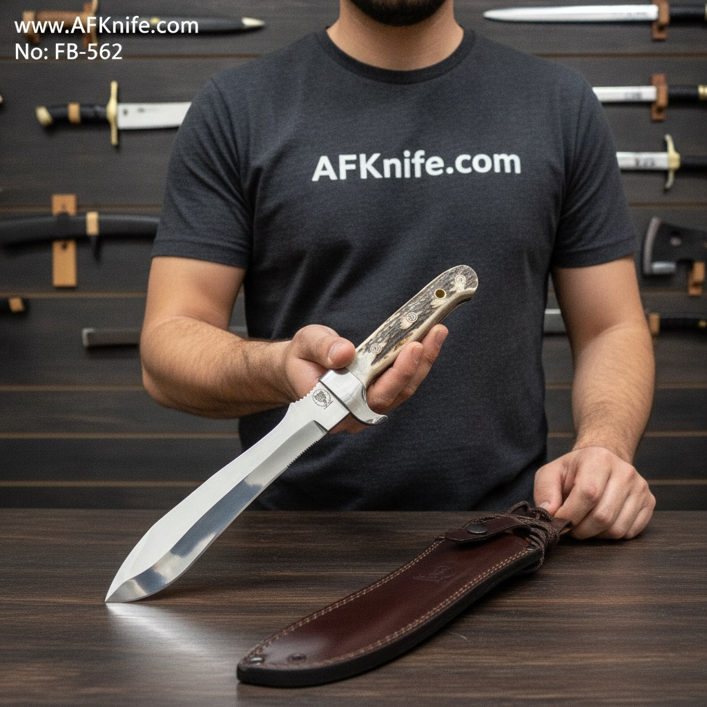 [FB-562] Fixed Blad PUMA White Hunter Knife - D2 Tool Steel, Stag Horn w/ Guard Handle, 58-60 HRC, Leather Sheath ( RECURVE Style ) No: FB-562