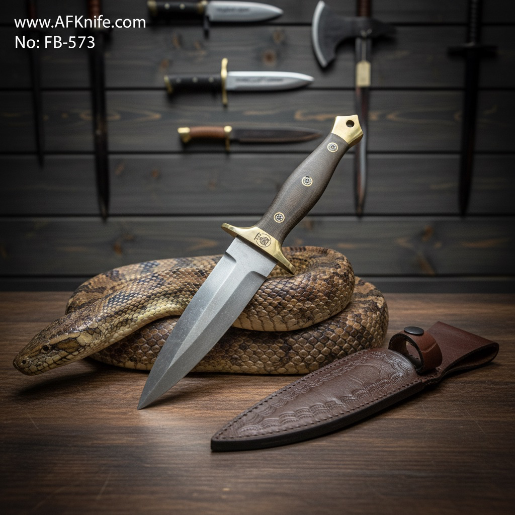 [FB-573] Fixed Blad Dagger Double Edge - Carbon Steel 1095 ( StoneWash ), G10 Handle, 58-59 HRC, Leather Sheath ( Spear Point Style ) No: FB-573