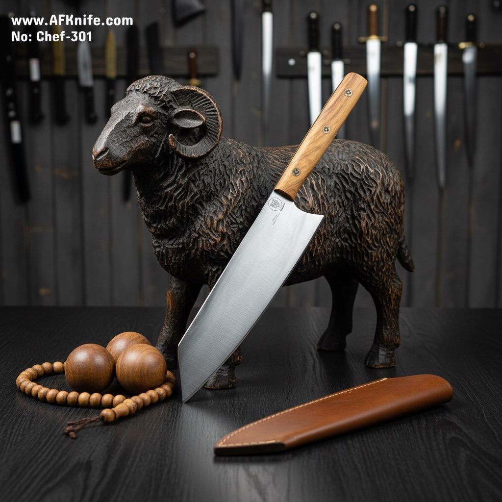[26CM-Chef-024] سكين الشيف والمطبخ - بونكا - معدن ( تيتانيوم ستيل ) مقبض ( خشب الزيتون ) غمد ( جلد ) رقم ٣٠١ (26 CM)