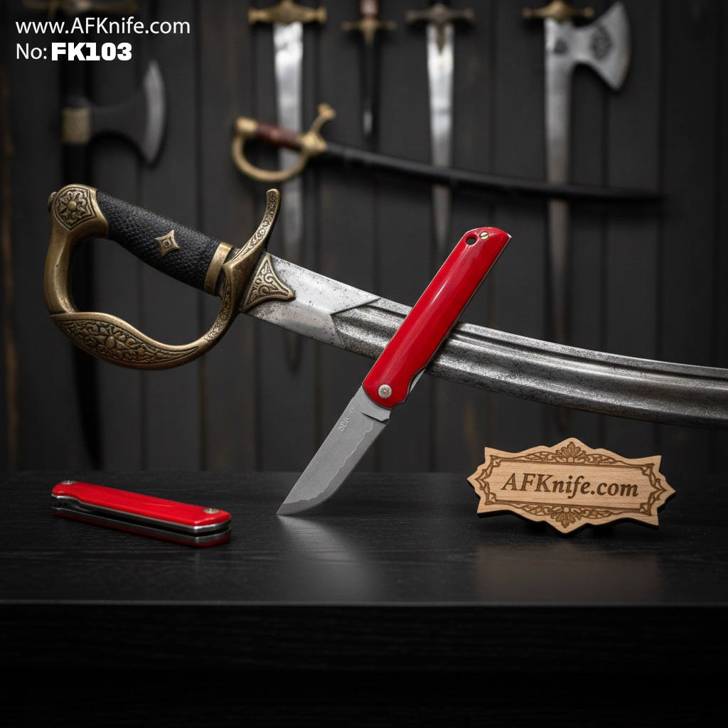 [FK103] Folding Knife SKD-11 Three-layer Composite Steel, Red acrylic Handle, Liner Lock Method, 57-59 HRC - Drop Point Style No: FK103