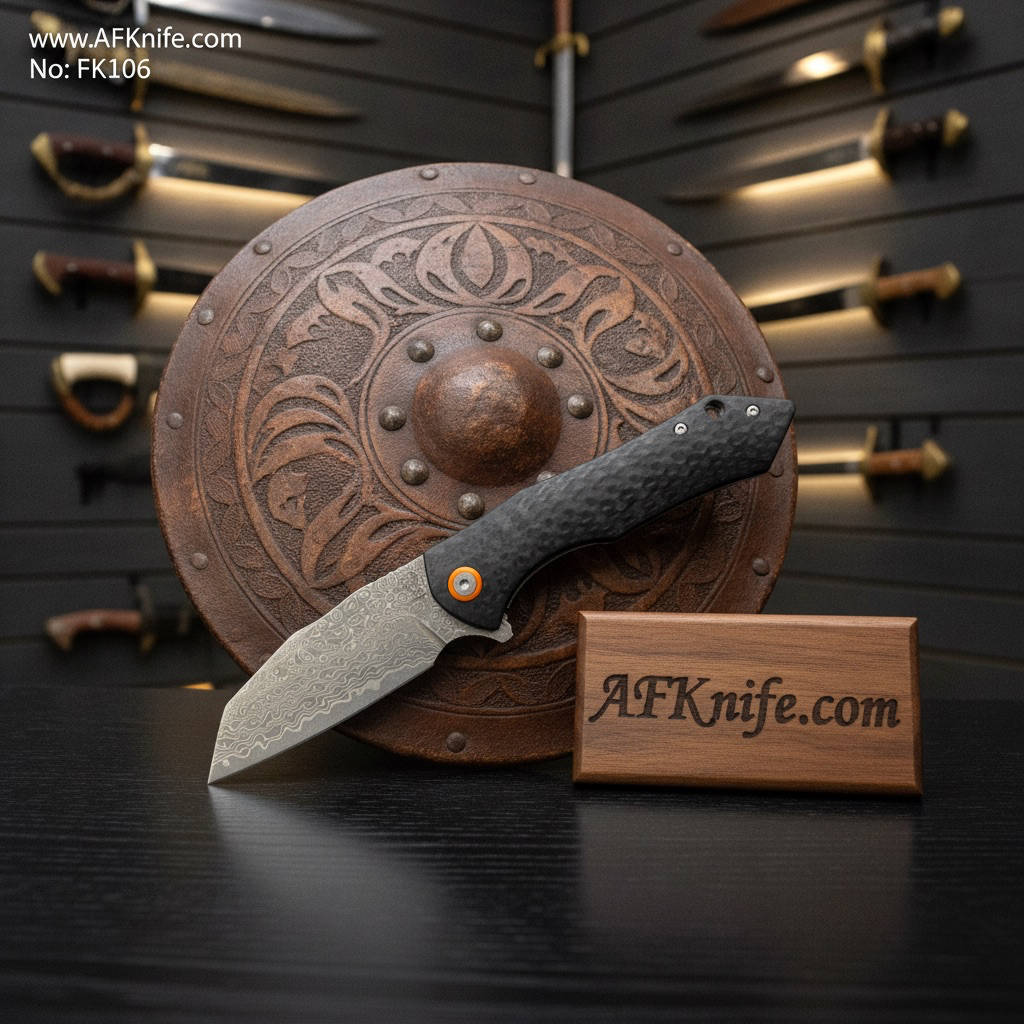 [FK106] Folding Knife 76 layers-VG10 Damascus steel , Carbon Fiber Handle, Liner Lock Method, Ball bearing, 59-60 HRC - Drop Point Style No: FK106