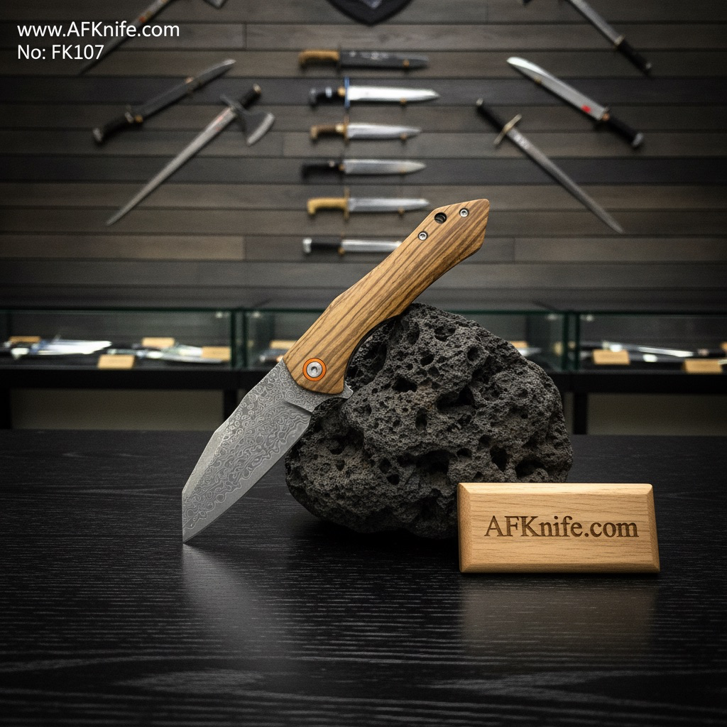 [FK107] Folding Knife 76 layers- VG10 Damascus steel , Zebra Wood Handle, Liner Lock Method, Ball bearing, 59-60 HRC - Drop Point Style No: FK107
