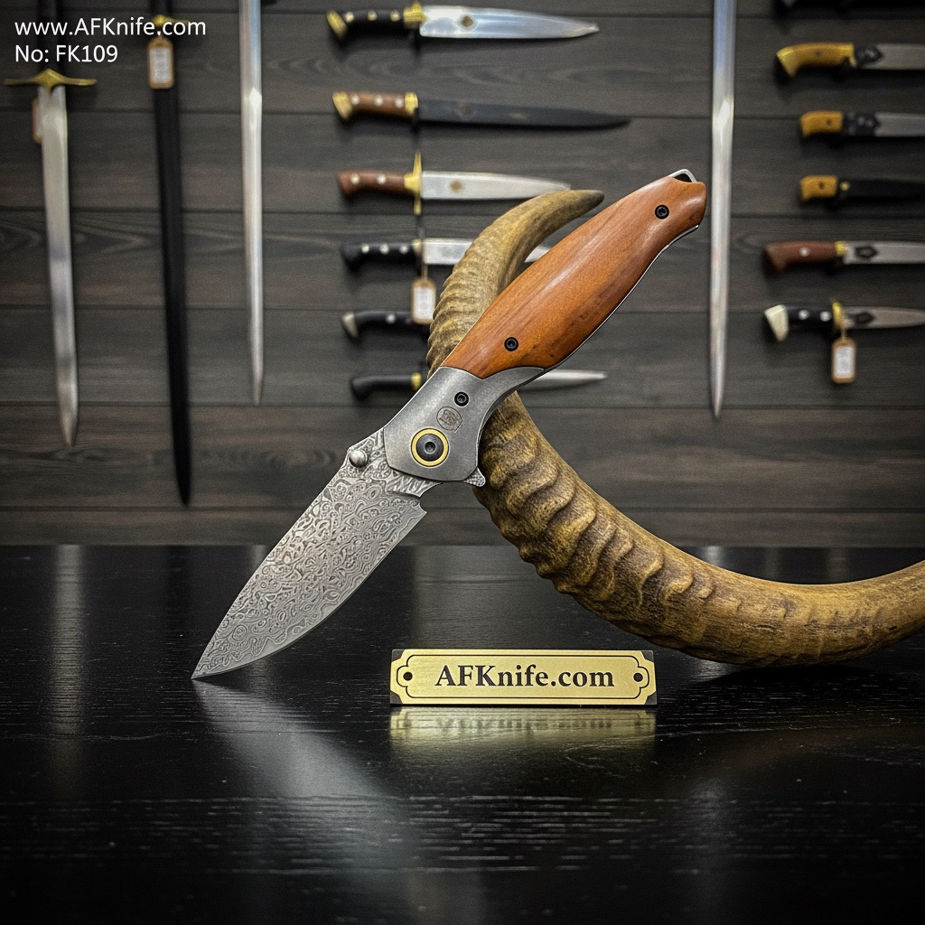 [FK109] Folding Knife VG10 Damascus Steel , Walnut Wood w/ Steel Handle, Liner Lock Method, 57-59 HRC - Drop Point Style No: FK109