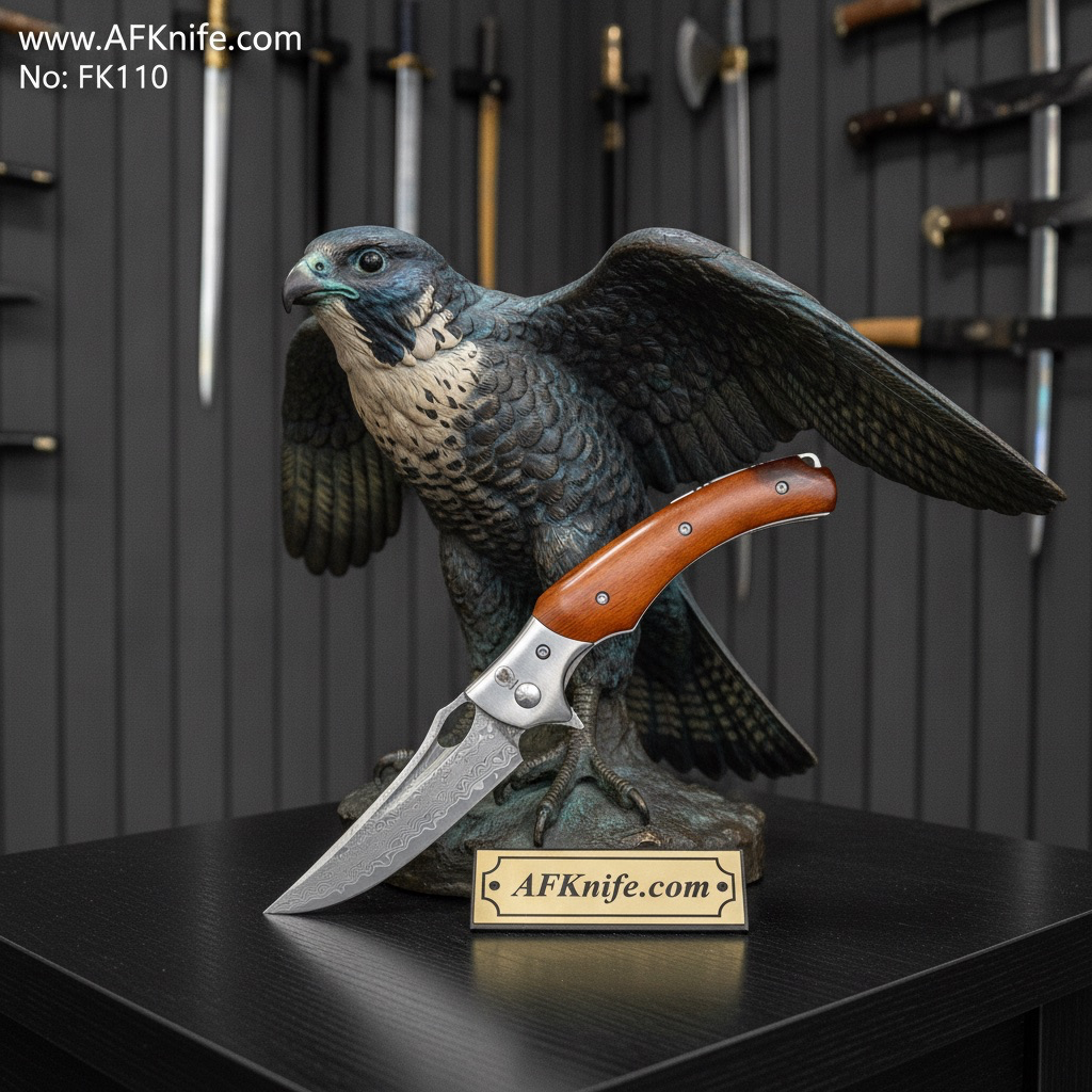 [FK110] Folding Knife VG10 Damascus Steel , Walnut Wood w/ Steel Handle, Liner Lock Method, 57-59 HRC - Drop Point Style No: FK110