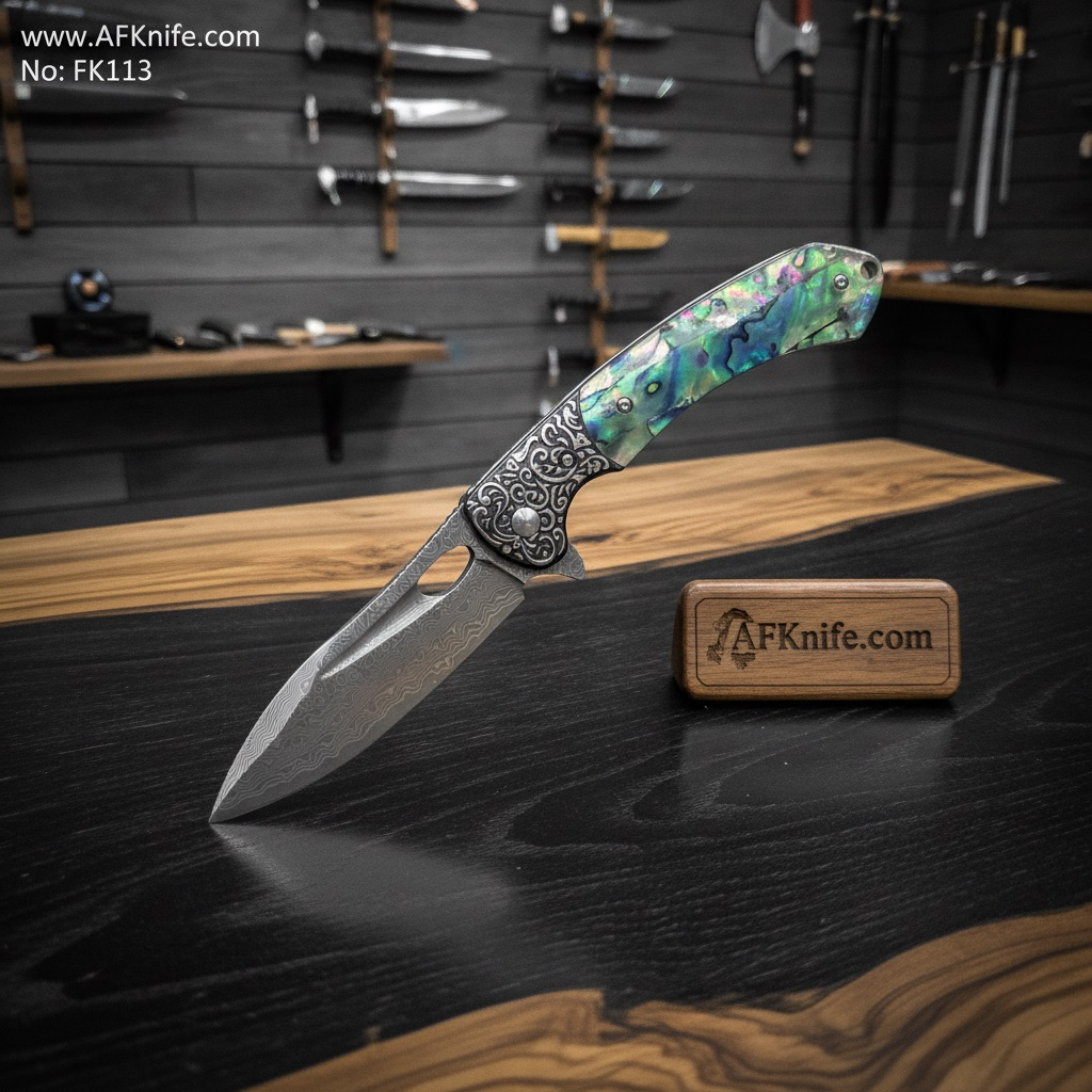 [FK113] Folding Knife 76 Layers of VG10 Damascus steel core , Shell w/ carved steel Handle, Liner Lock Method, 59-60 HRC, Ball Bearing, Drop Point Style - No: FK113