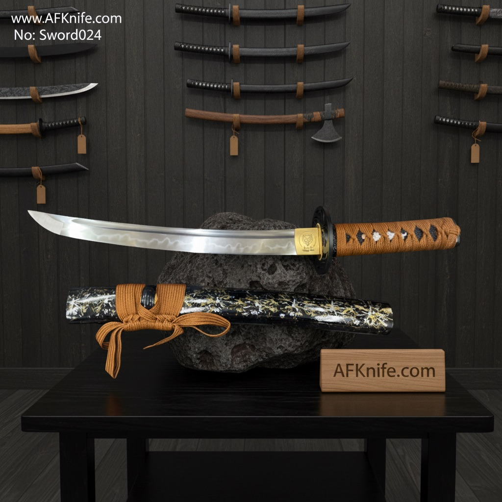 [Sword024] Katana Sword ( Short Sword ) - T10 steel Hamon visual line on a Japanese-style, Wood w/ Braid & Guard Handle, 58-59 HRC, Wood Sheath ( Katana Short Sword ) No: Sword024