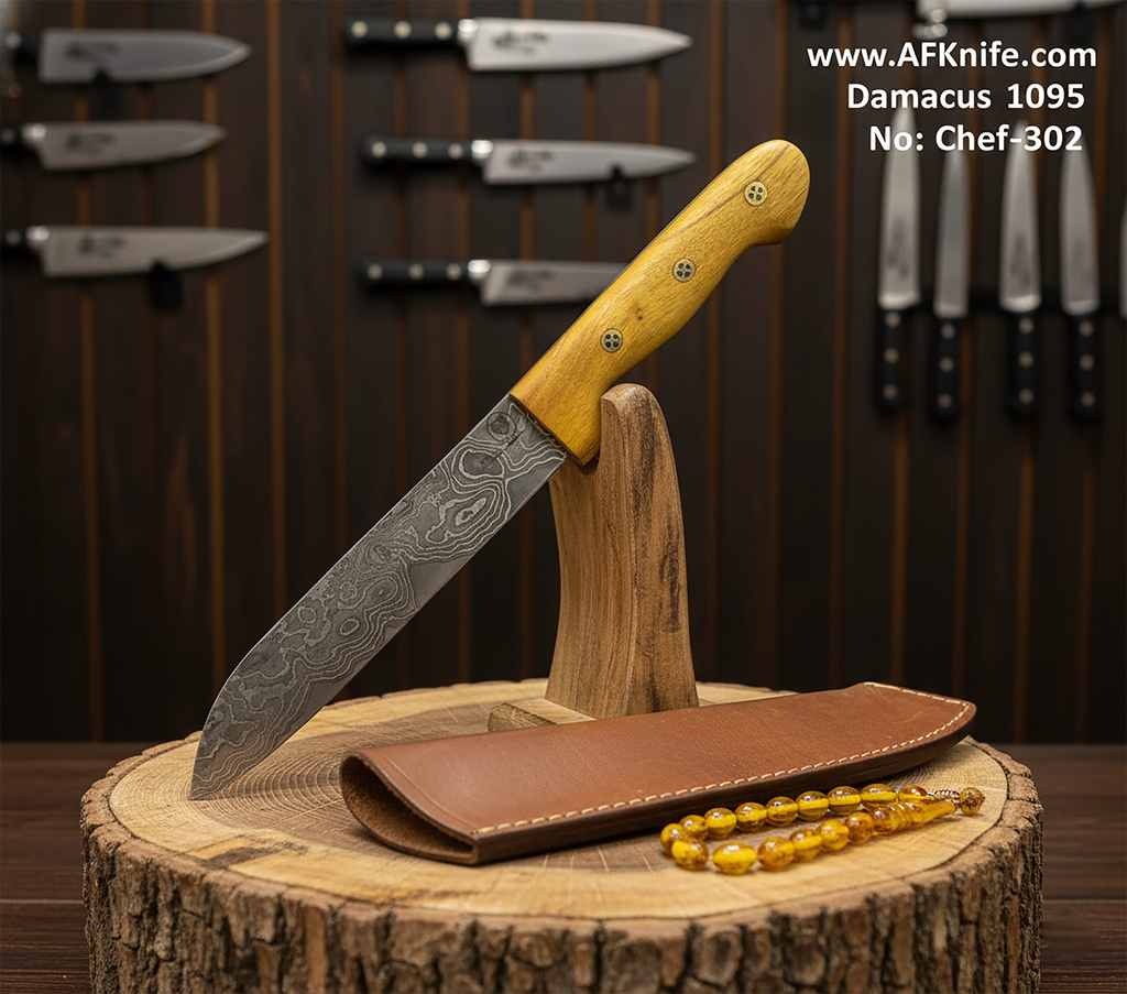 [25.80CM-Chef-025] سكين الشيف والمطبخ - معدن ( دمشقي ١٠٩٥ ) مقبض ( خشب الزيتون ) - غمد ( جلد ) رقم ٣٠٢ (25.80 CM)