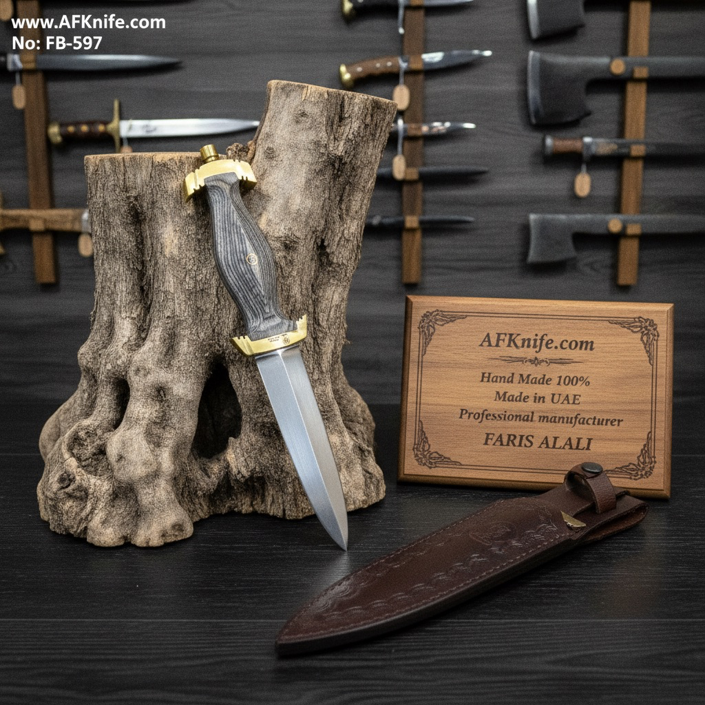 [FB-597] Fixed Blade Dagger Double Edge Knife, D2 Tool Steel, Pakka Wood w/ Guard Handle, Leather Sheath, Spear Point Style No: FB-597