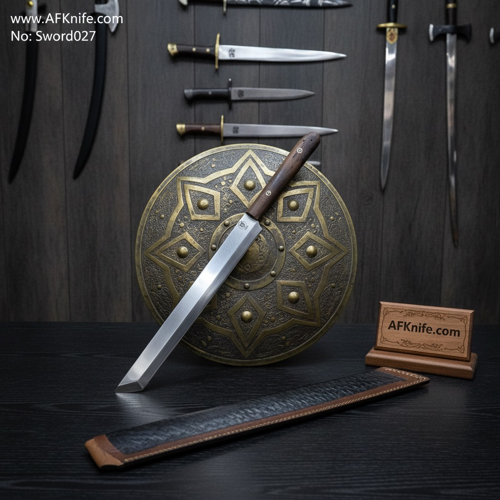 Fixed Blade Tanto Short Sword - D2 Tools Steel, Rose wood  Handle, 57-59 HRC, Leather Sheath ( Short Sword - Tanto Style ) No: Sword027