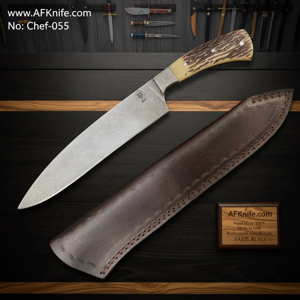 [Chef-055] Chef's (kitchen) Knife - Carbon Steel 1095 ( StoneWash ), Sambar Stag w/ Silver Brass Handle, Leather Sheath, ( Chef's Style  ) No: Chef-055