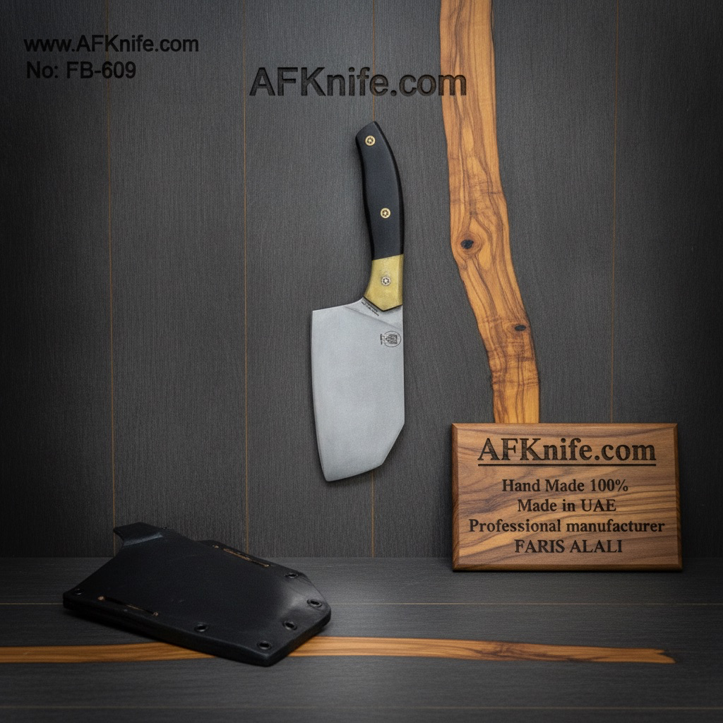 [FB-609] Fixed Blade Chopping Knife Knife, Carbon Steel 1095, G10 w/ Canvas Micarta Bolsters Handle, Leather Sheath, Cleaver Style  No: FB-609