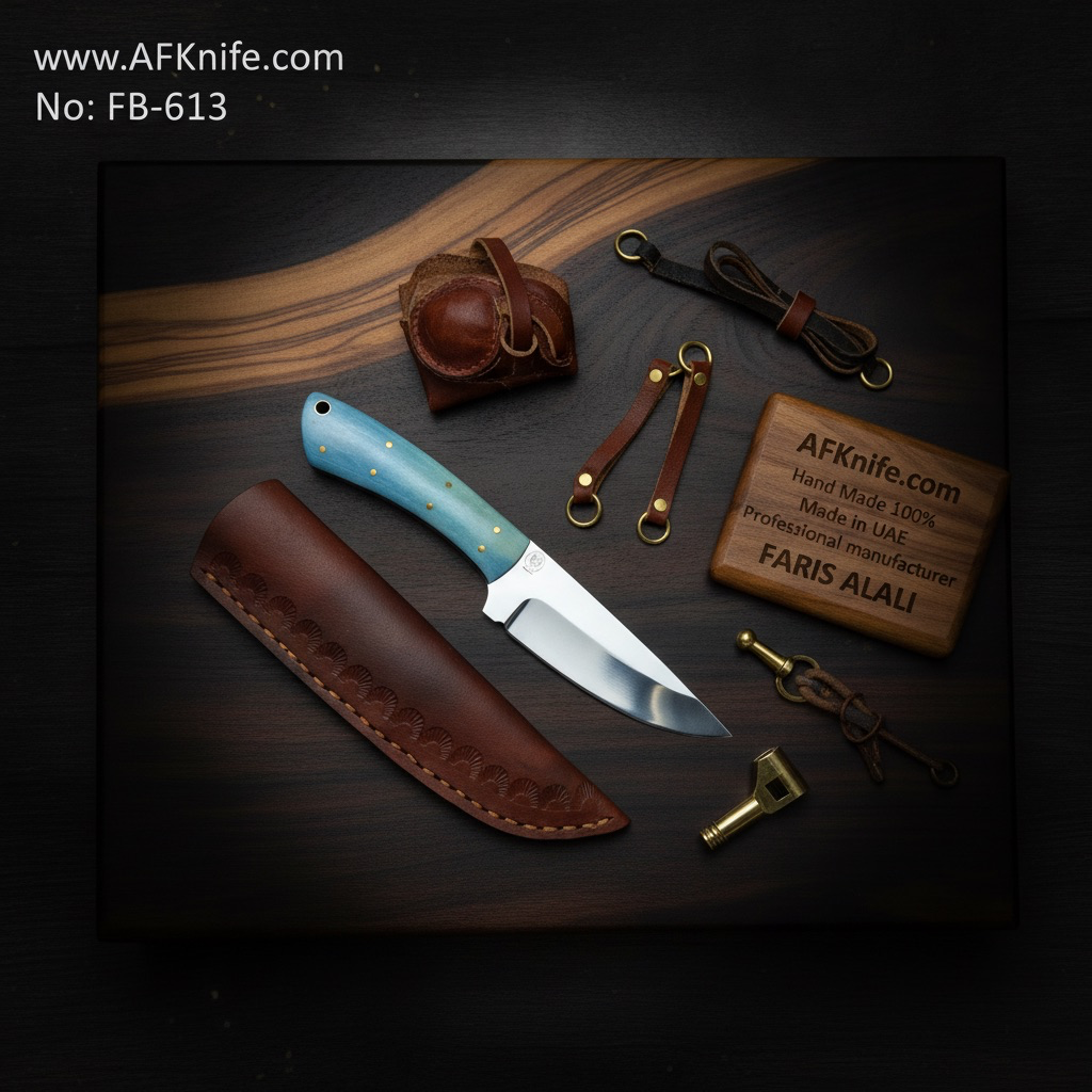 Fixed Blade Knife - D2 Tool Steel, Colored Camel Bone Handle, Leather Sheath, Drop Point Style  No: FB-613
