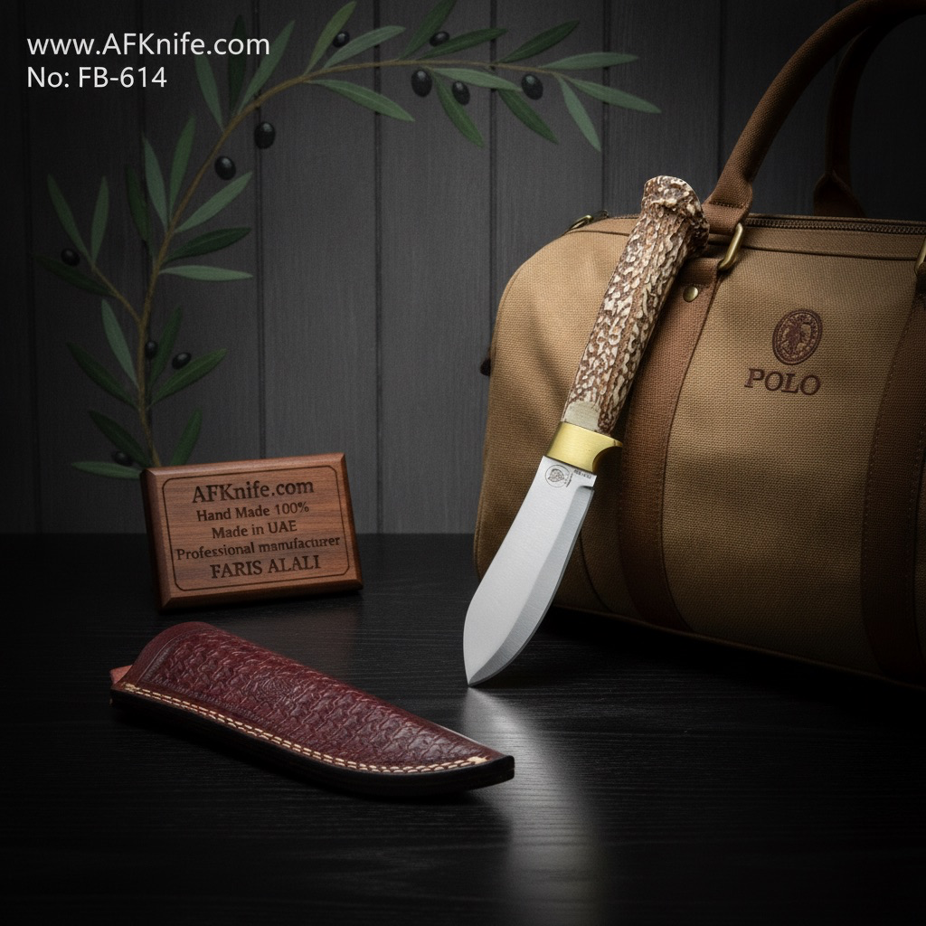 Fixed Blad Nessmuk Knife, High Carbon Steel 1095 w/ Titanium Nitride Coating Blade, Resin Deer Horn & Guard Handle, Leather Sheath, NESSMUK Style  No: FB-614
