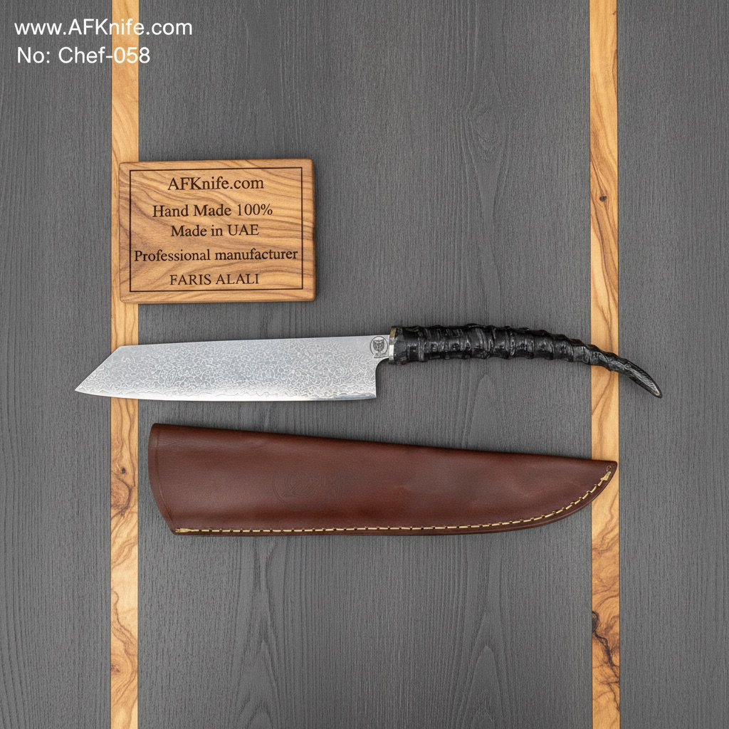 [Chef-058] Chef's (kitchen) Knife - AUS-10 Damascus Steel, Deer Horn Handle, Leather Sheath, ( Kiritsuke Style  ) No: Chef-058