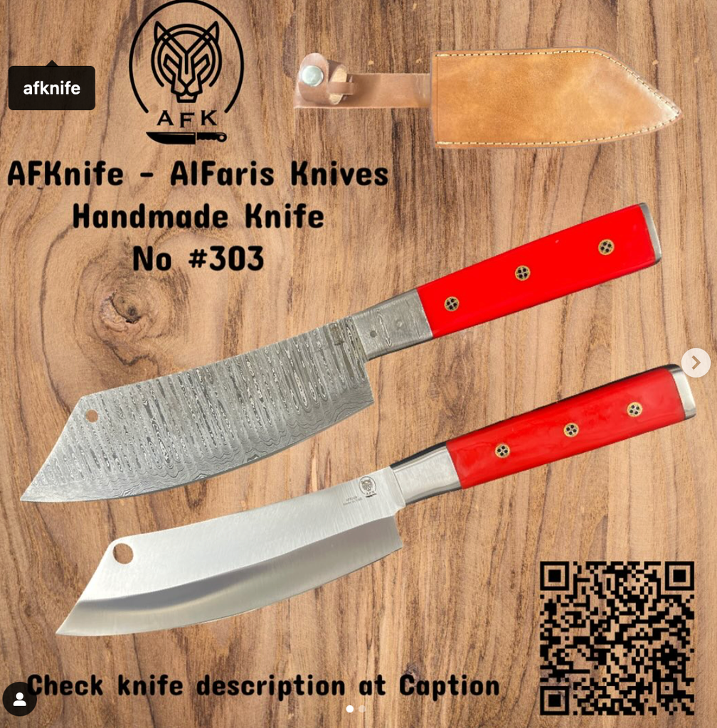 [Knife #303-Titanium] سكين ساطور - معدن ( دمشقي ١٠٩٥ ) / ( تيتانيوم ) - مقبض ( أيبوكسي ) - غمد ( جلد ) رقم ٣٠٣ (Titanium)