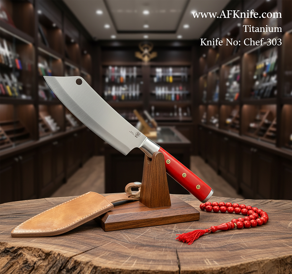 Chef's (kitchen) Damascus 1095 & Titanium Steel + Epoxy Handle + Leather Sheath - ( Cleaver knife Style ) No: Chef-303