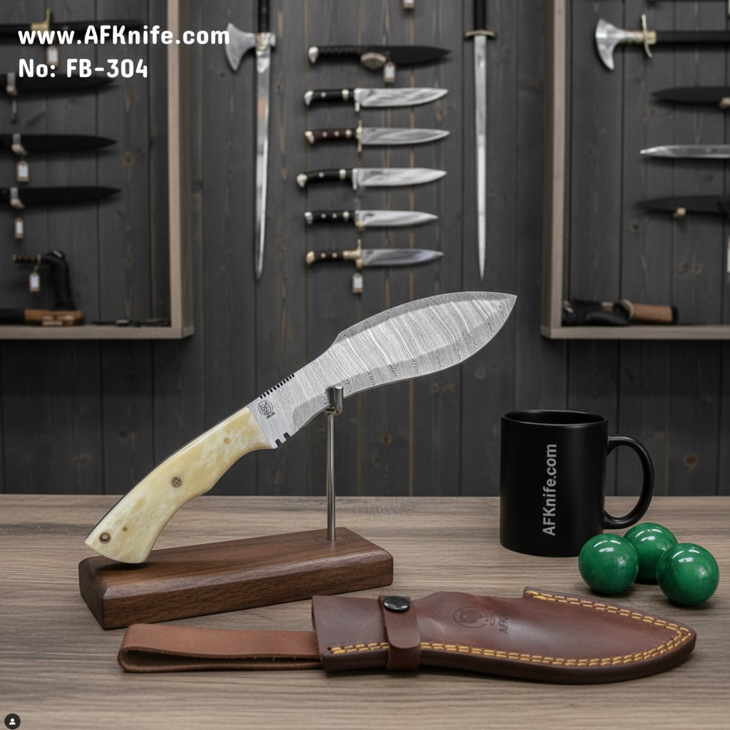 [Kuk304] Fixed Blade Kukri Knife - Damascus Steel 1095 + Camel Bone Handle + Leather Sheath + 58-59 HRC -  Kukri Style No: FB-304
