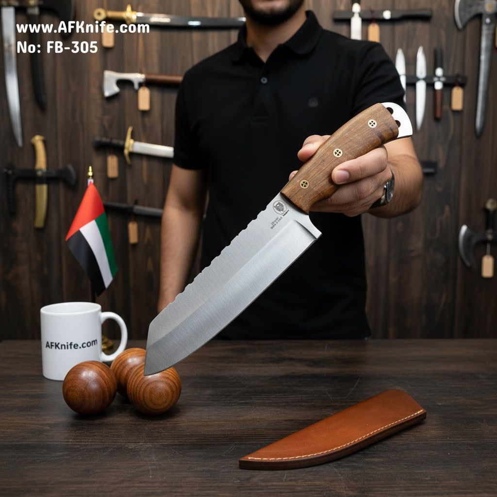 [FB-T-305] Fixed Blad Damascus Steel 1095 / High-Carbon Steel W/ a Titanium Nitride Coating + Walnut Wood Handle + Leather Sheath + 58-59 SheepsFoot Style No: FB-305 (Titanium)