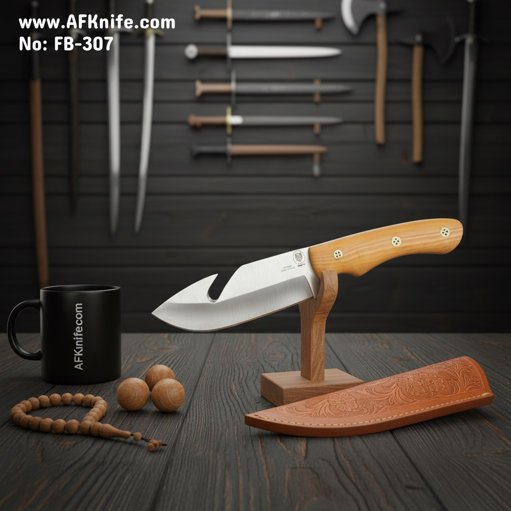 [FB-Titan-307] Fixed Blad Gut Hook Knife - High-Carbon Steel W/ a Titanium Coating / Damascus Steel 1095 + Olive Wood Handle + Leather Sheath + 58-59 HRC No: FB-307 (Titanium)