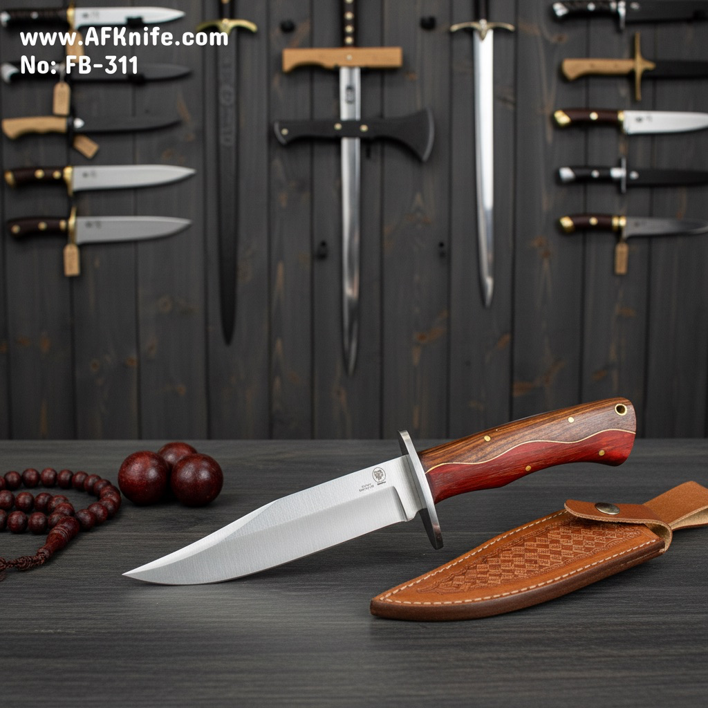 [T-FB-311] Fixed Blad VG10 Stainless Steel / Damascus VG10 + Walnut Wood w/ Copper wire Design Handle + Leather Sheath + 58-59 HRC - Clip Point Bowie Style No: FB-311 (Titanium)