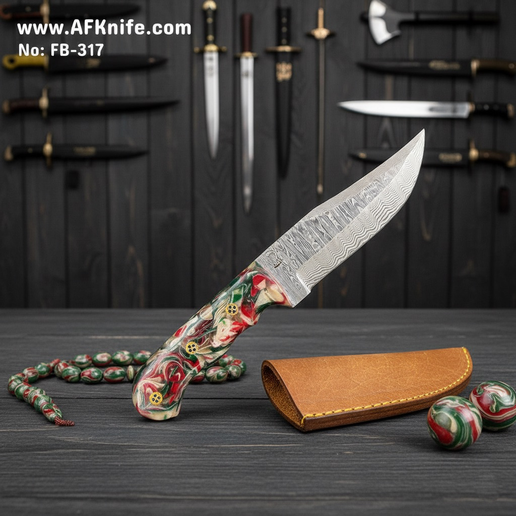 [317] Fixed Blad Damascus Steel 1095 + Epoxy Handle + Leather Sheath + 58-59 HRC - Clip Point Style No: FB-317