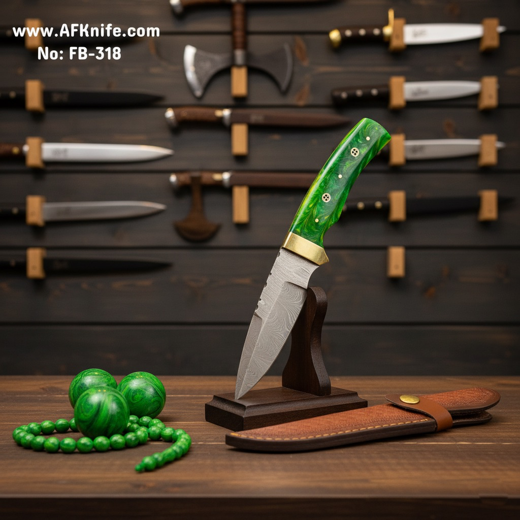 Fixed Blad Damascus Steel 1095 + Epoxy w/ Guard Handle + Leather Sheath + 58-59 HRC -  Drop Point Style No: FB-318